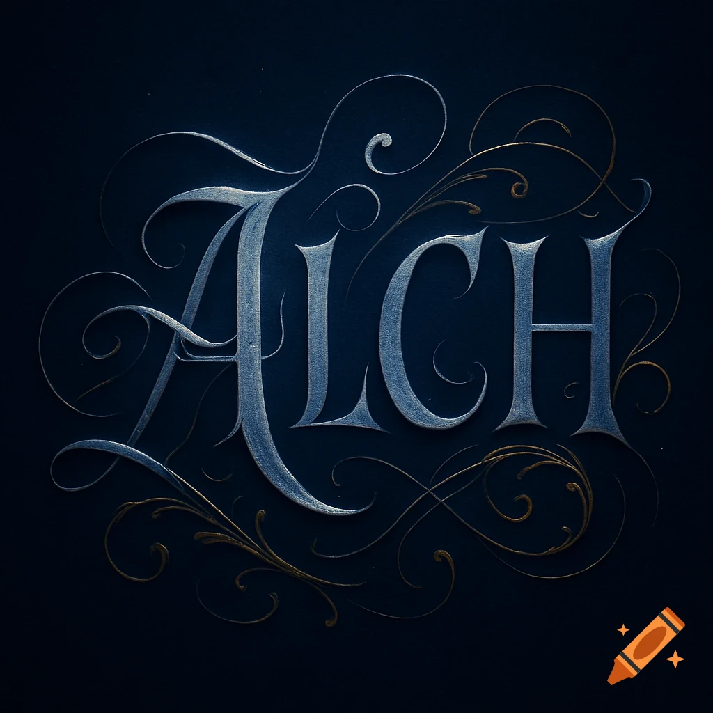 Ornate silver-blue metallic letters 'ALCH' on a dark background, surrounded by decorative gold and silver swirls.