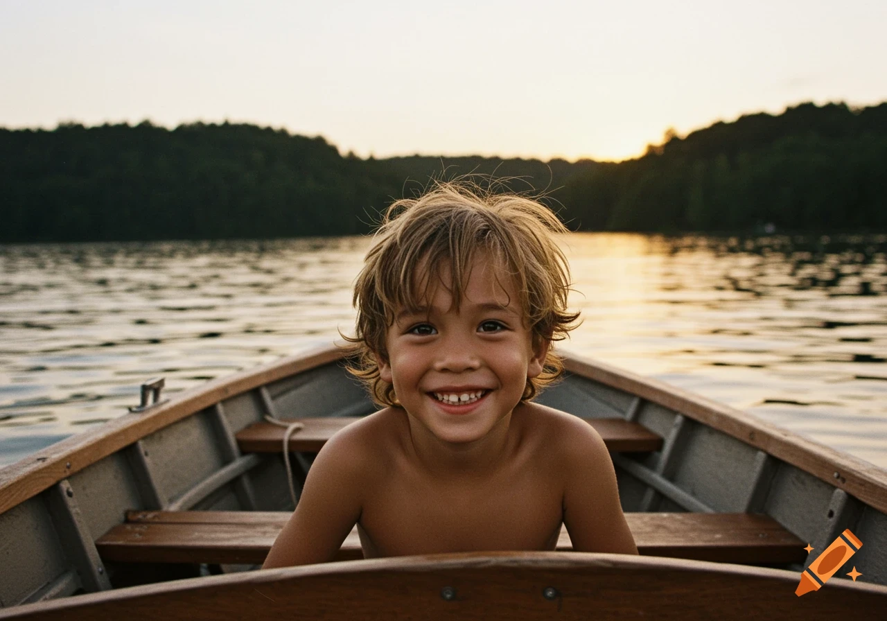 A smiling little boy with light brown hair sits shirtless in a wooden boat on a lake at sunset.