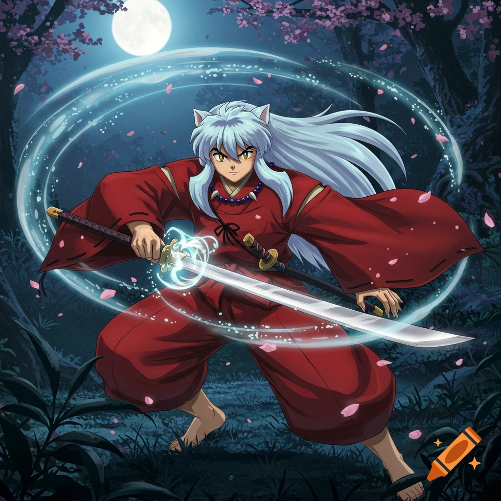 Inuyasha, an anime character with white hair and dog ears, in a red kimono, wields a glowing sword in a dark forest under a full moon.