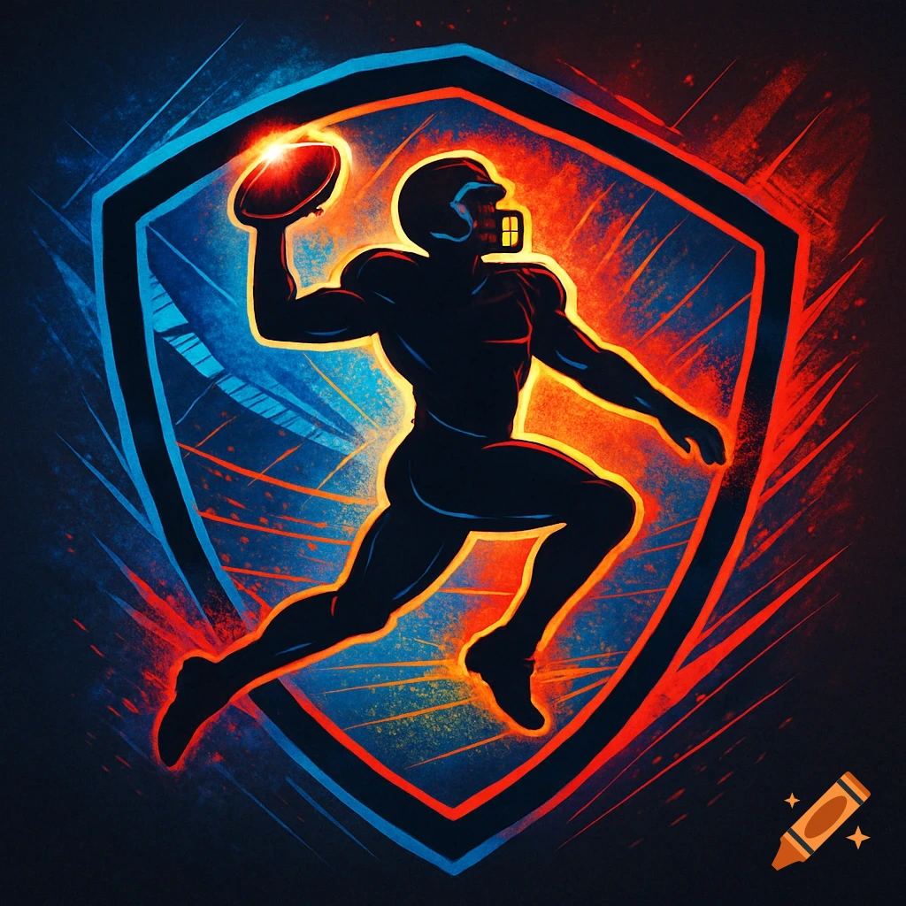 Stylized silhouette of a football player throwing, glowing red and blue inside a shield logo. Digital art.
