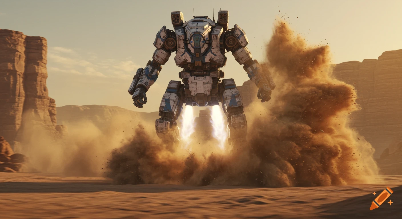 A large battle-scarred white and blue robot with powerful rocket thrusters lands in a vast, dusty desert canyon at golden hour, kicking up a massive plume of sand.