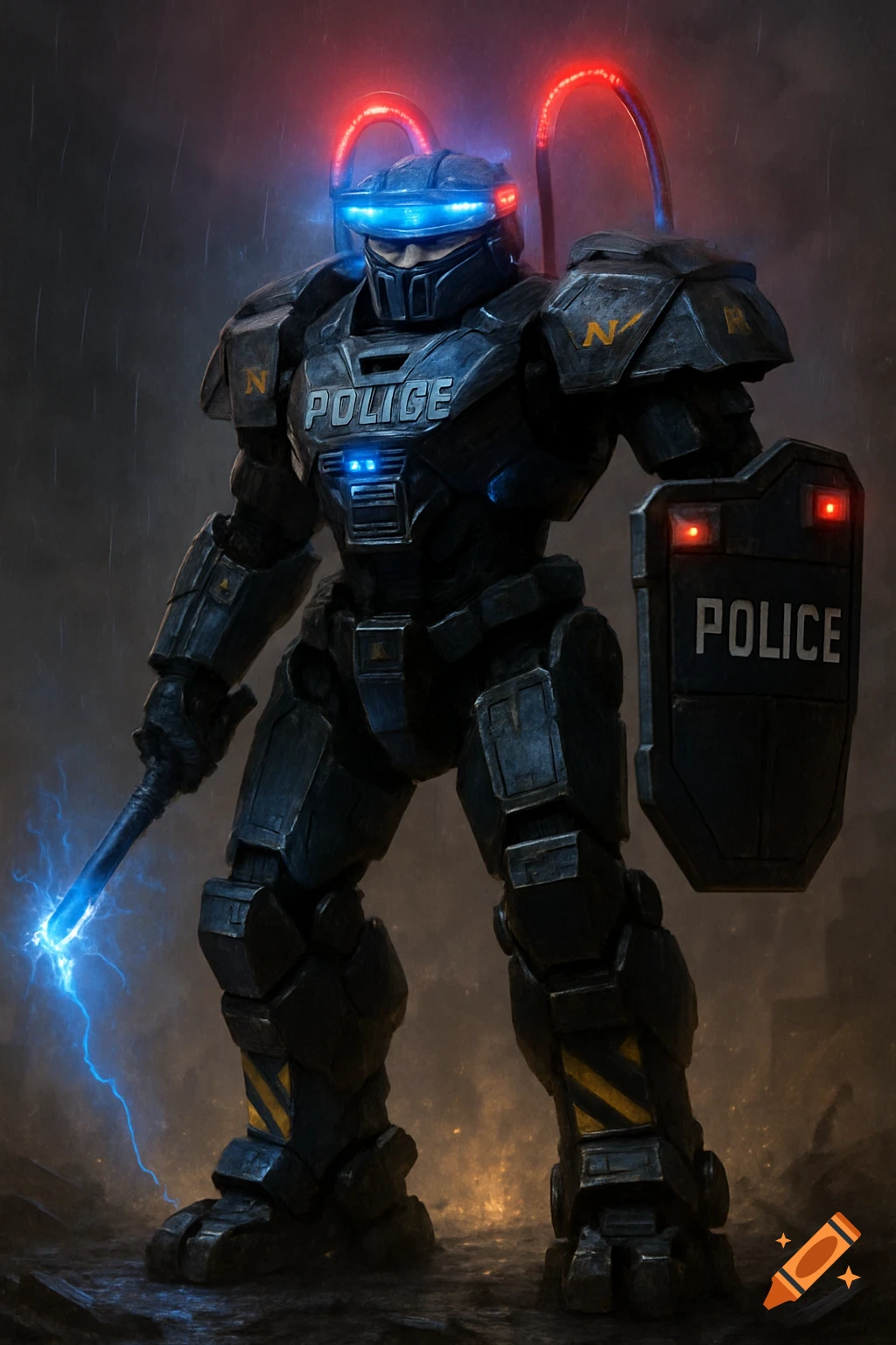 A detailed, dark-armored futuristic police mech stands in the rain, holding an electric baton and riot shield.