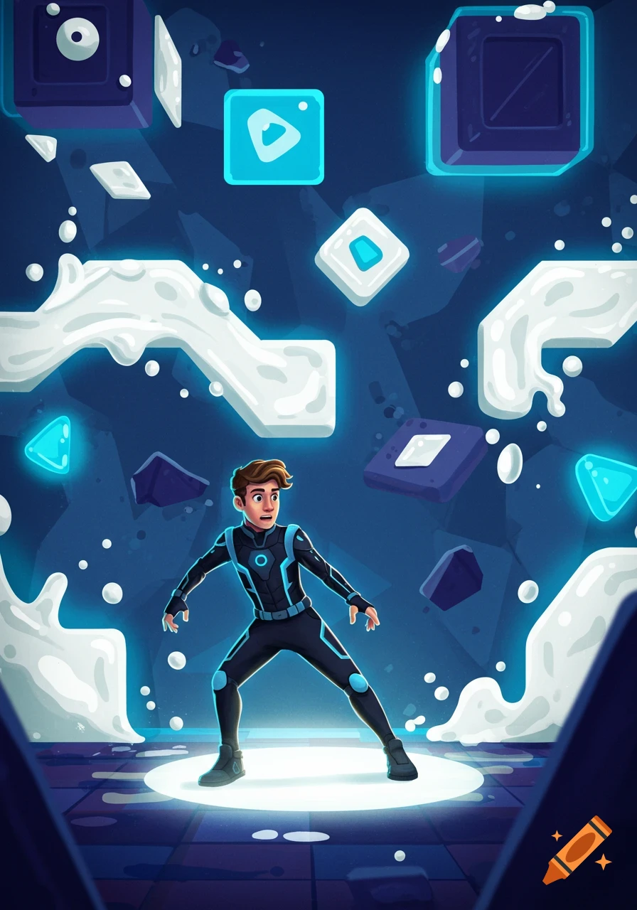 Cartoon of a young man in a futuristic suit standing in a glowing spotlight amidst floating geometric shapes and platforms.