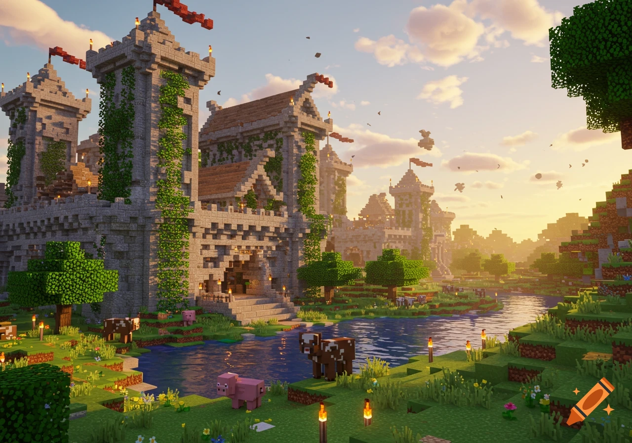 Minecraft-style castle at sunset, featuring stone towers with vines, a river, and animals like cows and pigs in a grassy landscape.