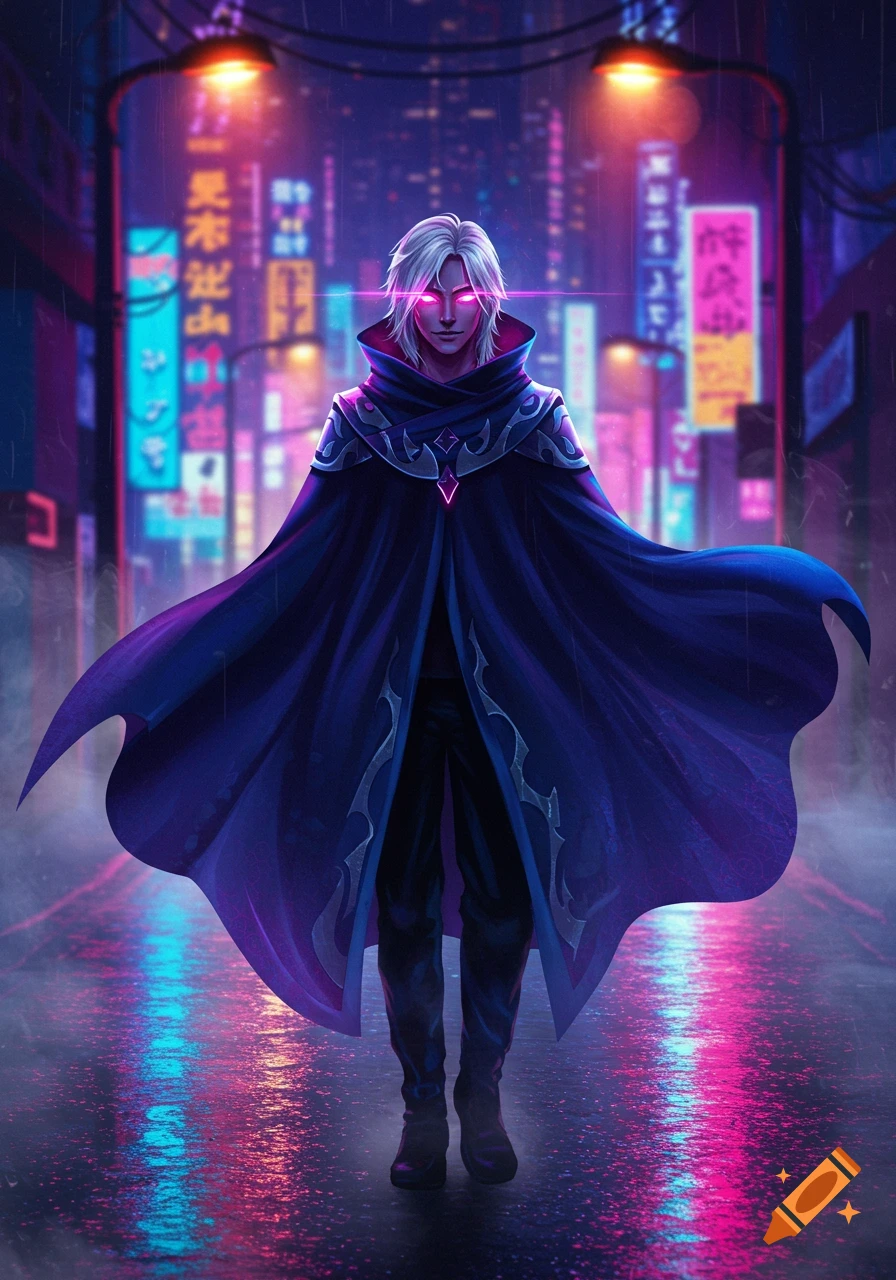 A full-body anime character with white hair and glowing pink eyes, wearing a dark blue cloak, stands on a wet street in a neon-lit cyberpunk city.
