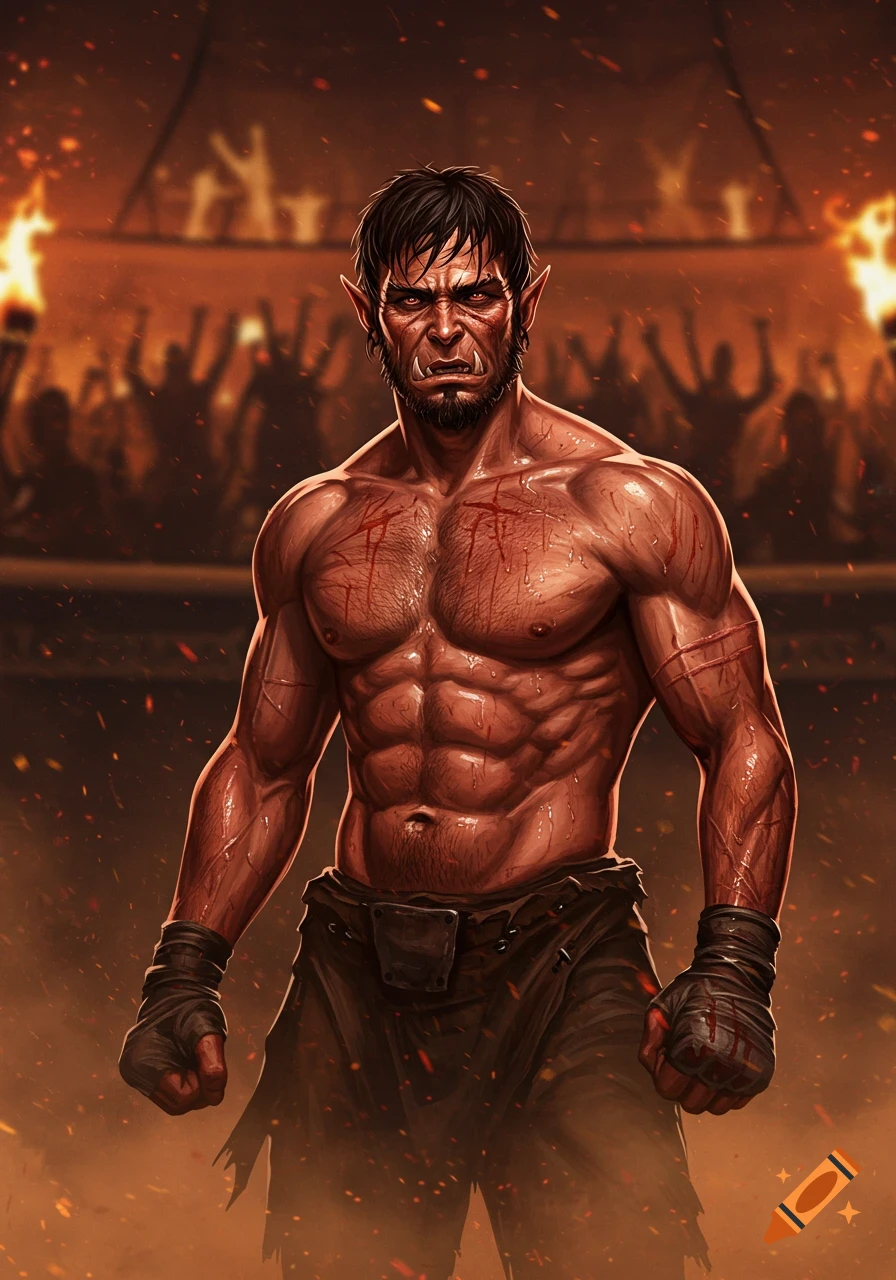 A muscular, battle-scarred male half-orc pit fighter with short hair and fangs stands in a fiery arena before a cheering crowd, digital art.