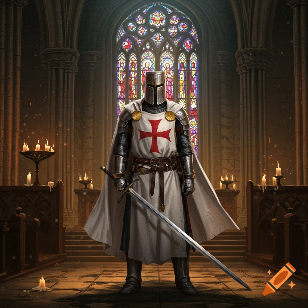 A medieval knight in white and red crusader armor stands in a dimly lit church, holding a sword. A vibrant stained glass window is behind him.