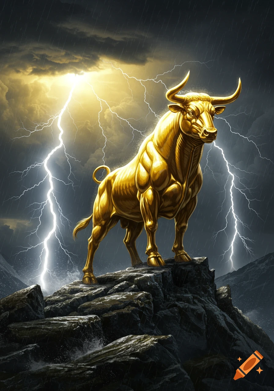 A majestic golden bull stands on a rocky mountain peak under a stormy sky with dramatic lightning strikes.