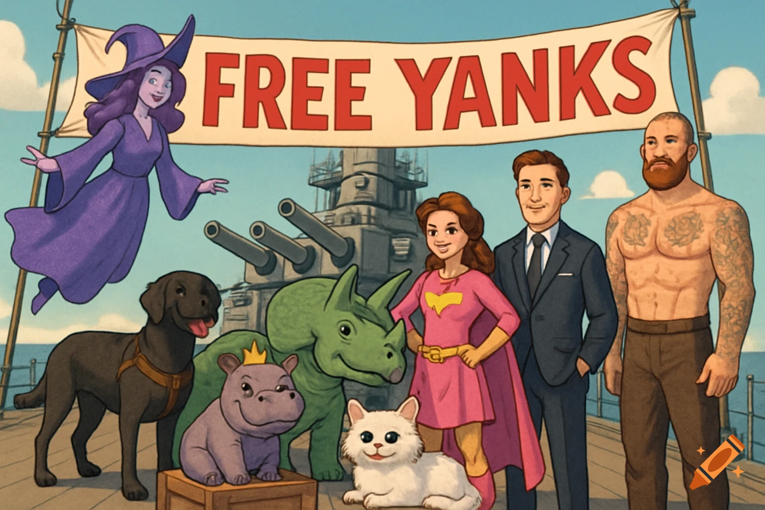 Cartoon illustration of a diverse group including a witch, superheroine, men, a dog, hippo, triceratops, and cat on a battleship under a "FREE YANKS" banner.