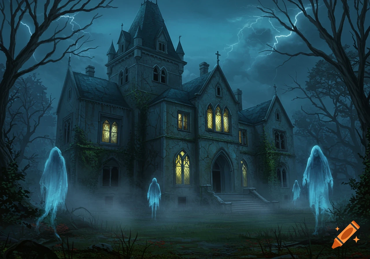 A spooky gothic mansion with glowing windows and translucent ghosts under a dark, stormy sky with lightning.