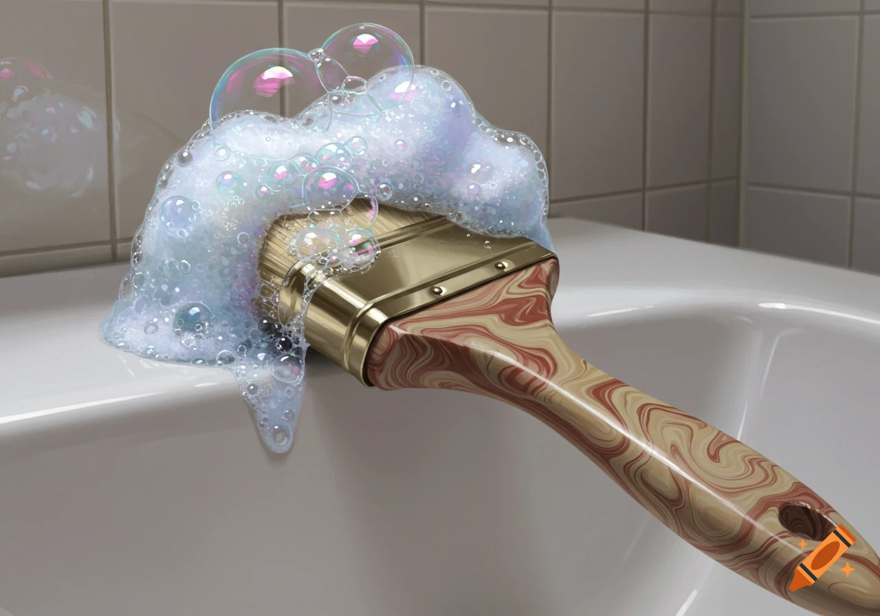 A paintbrush covered in frothy soap bubbles sits on the edge of a white bathtub, with light-colored tiles in the background.