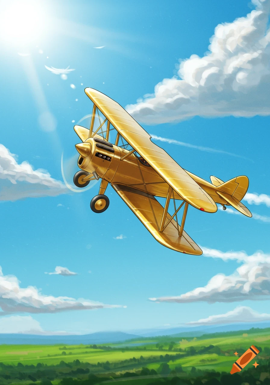 A golden biplane flies gracefully through a bright blue sky with fluffy white clouds, above a lush green landscape.