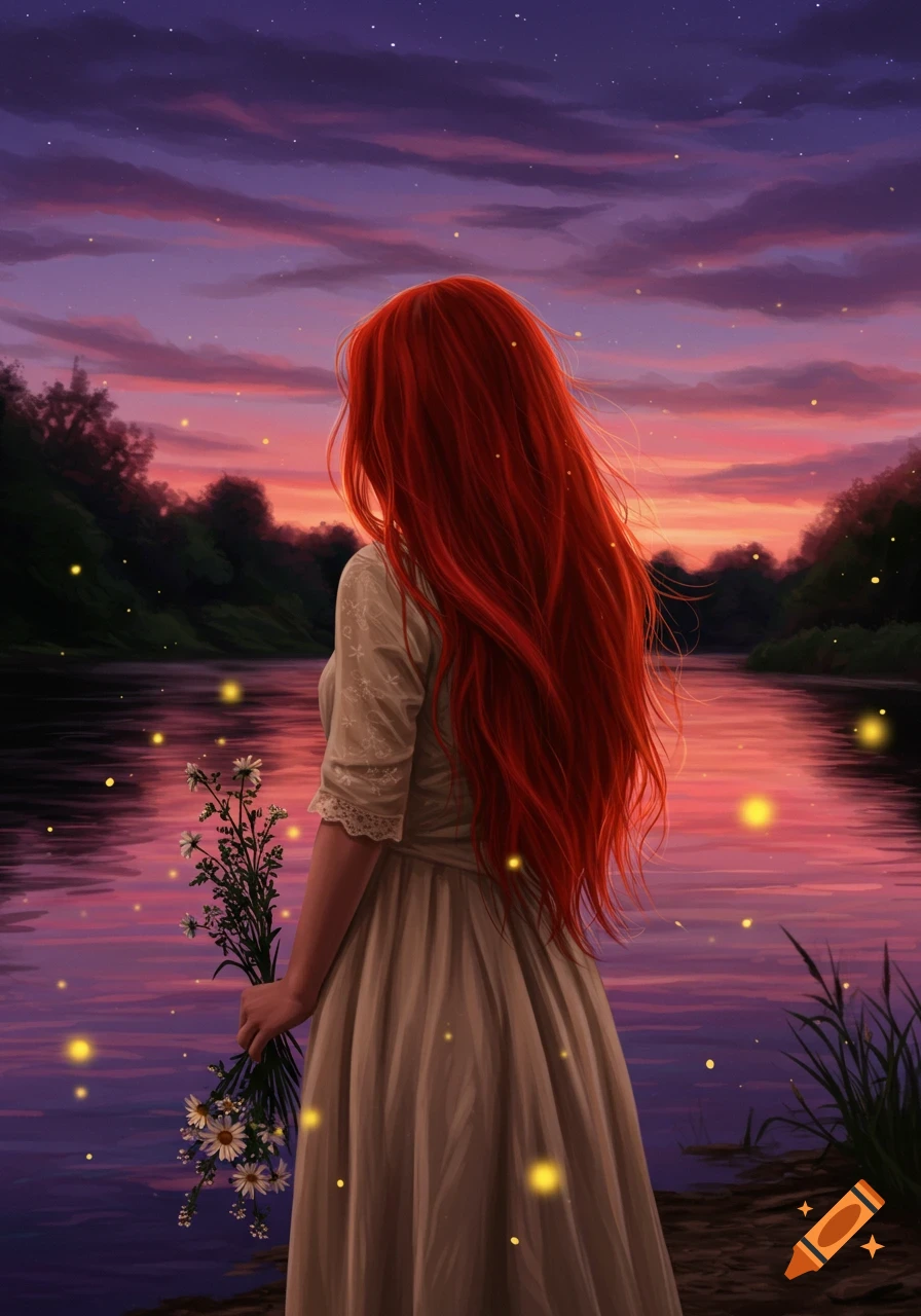 Digital painting of a girl with long red hair standing by a river at sunset, holding flowers, with glowing fireflies.