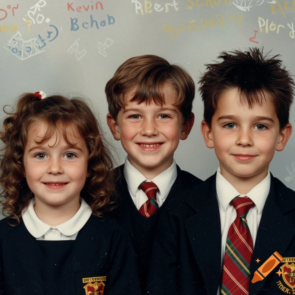 Three smiling children, two boys and one girl, in school uniforms pose for a vintage-style school photo with scribbled text on the background.