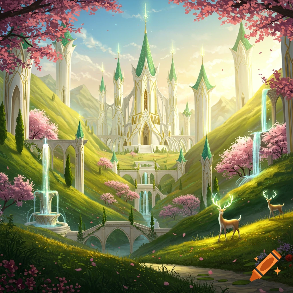 Vibrant fantasy elven kingdom with white castles, cherry blossoms, waterfalls, and deer in a lush, sunlit landscape.