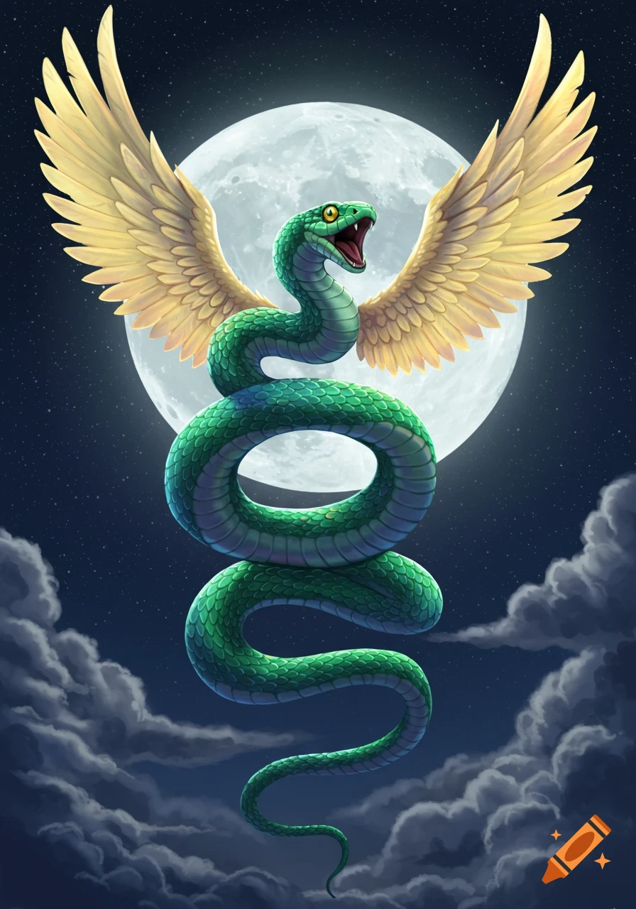 Vibrant illustration of a green winged snake with an open mouth, coiled in front of a full moon in a starry night sky with clouds.