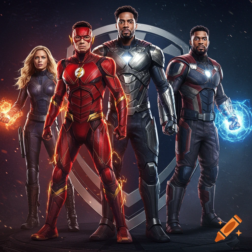 Four diverse superheroes in futuristic suits, including a red-suited speedster, standing against a dark shield emblem.