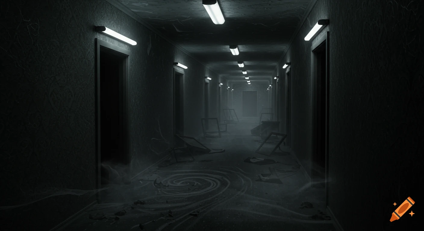 A long, dark, abandoned hotel hallway with fluorescent lights, misty air, and debris on the floor, in a horror cinematic style.
