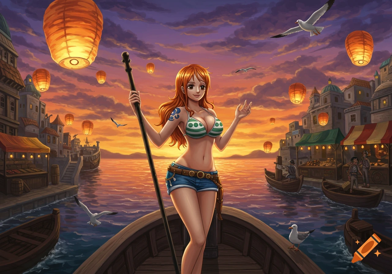 Nami from One Piece stands on a boat holding a staff, in an anime illustration of a lantern-lit harbor at sunset.