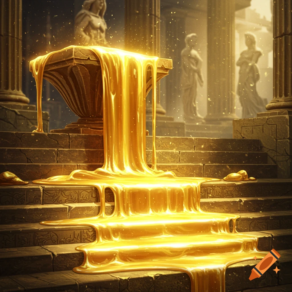 Vibrant, glowing golden liquid pours over an ancient stone altar and flows down steps in a grand, sunlit temple ruin.