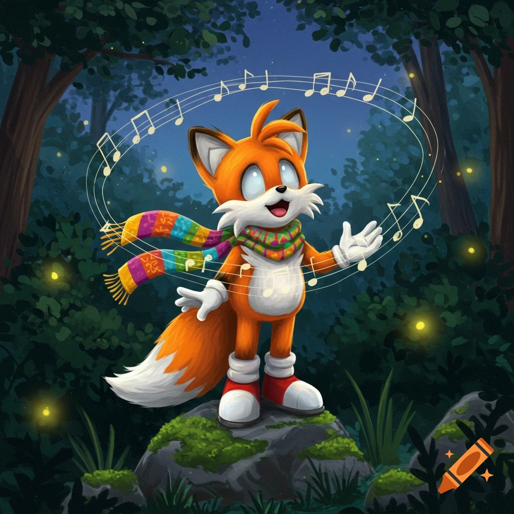 Tails, an anthropomorphic orange fox wearing a colorful scarf, stands on a mossy rock in a dark forest, singing with musical notes floating around him.