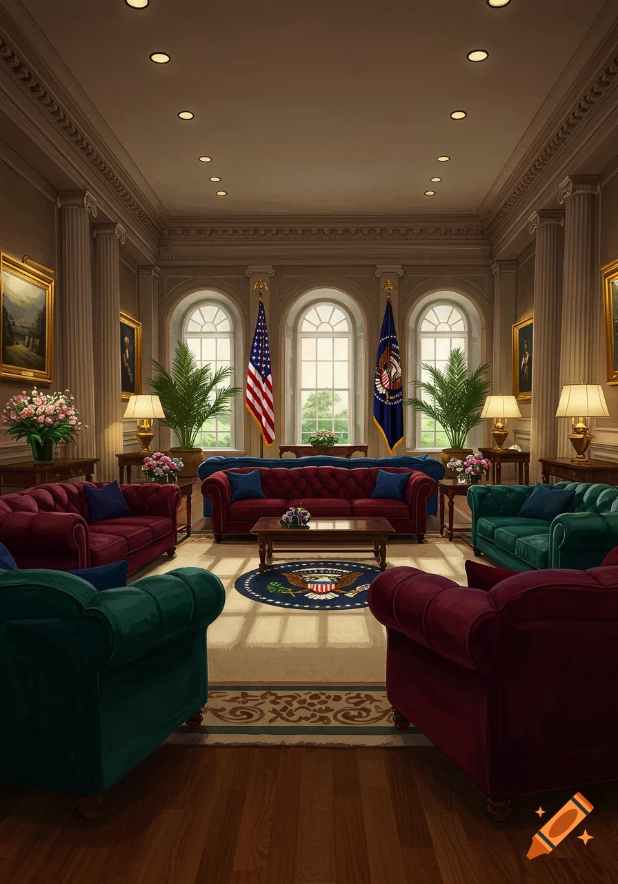 An elegant, richly furnished room resembling the Oval Office, with red and green velvet couches, an American flag, and a Presidential-style flag and seal rug.