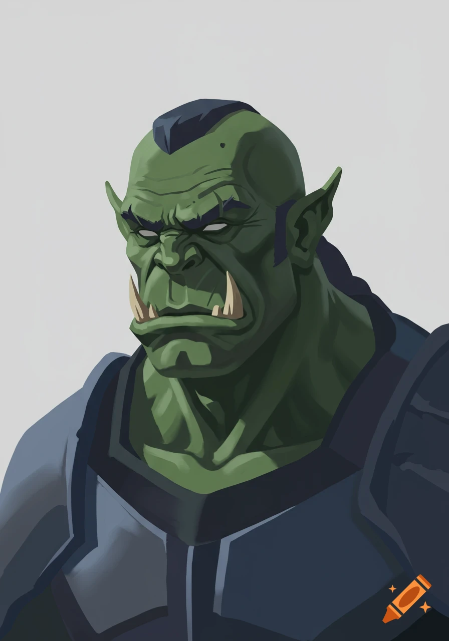 A minimalist illustration of a green-skinned orc character with tusks, a dark mohawk, and grey armor.