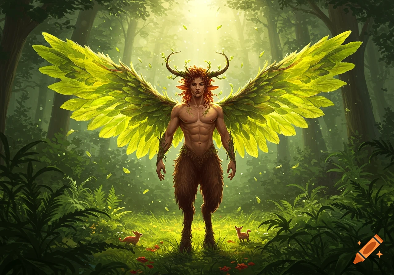 A male satyr with red curly hair, horns, and large green leaf wings stands in a sunlit magical forest with two small deer.