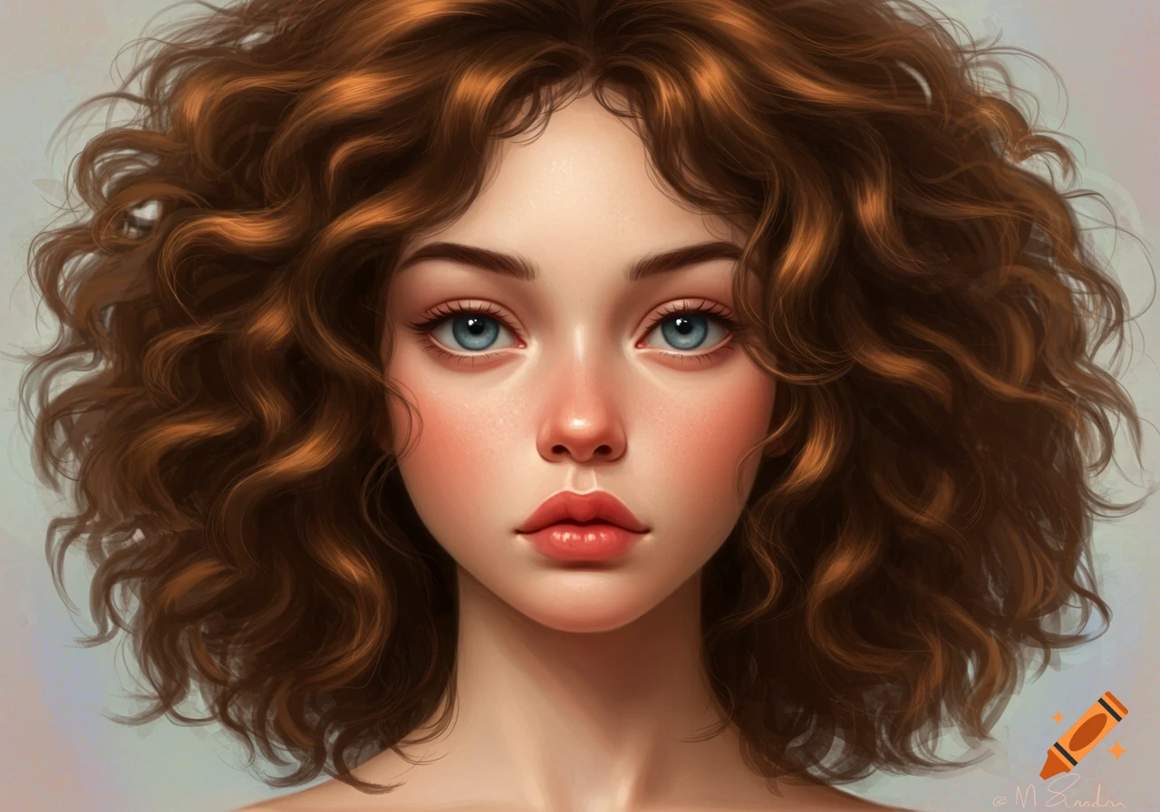 Digital art portrait of a young woman with curly brown hair, blue eyes, and flushed cheeks looking forward.