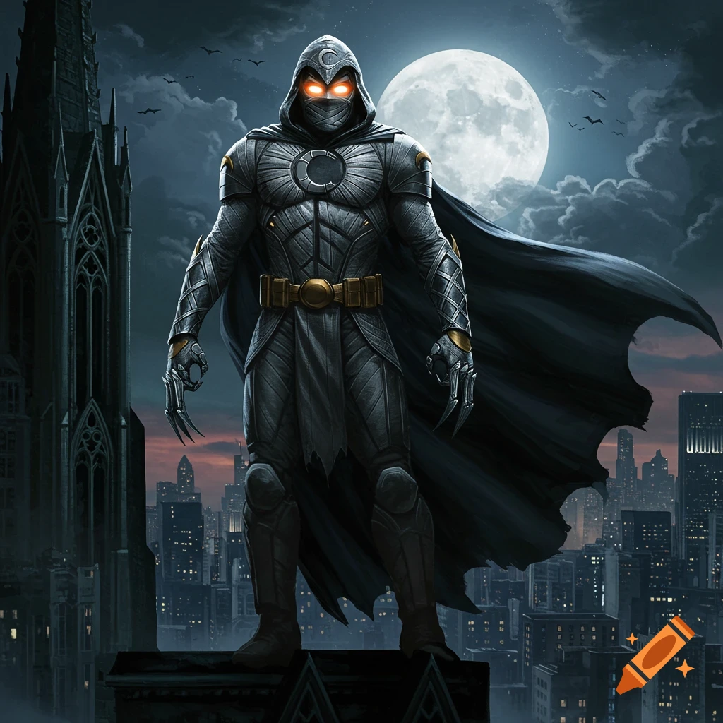 A dark superhero with a silver armored suit, glowing orange eyes, and a black cape stands on a gothic rooftop overlooking a city at night under a full moon.