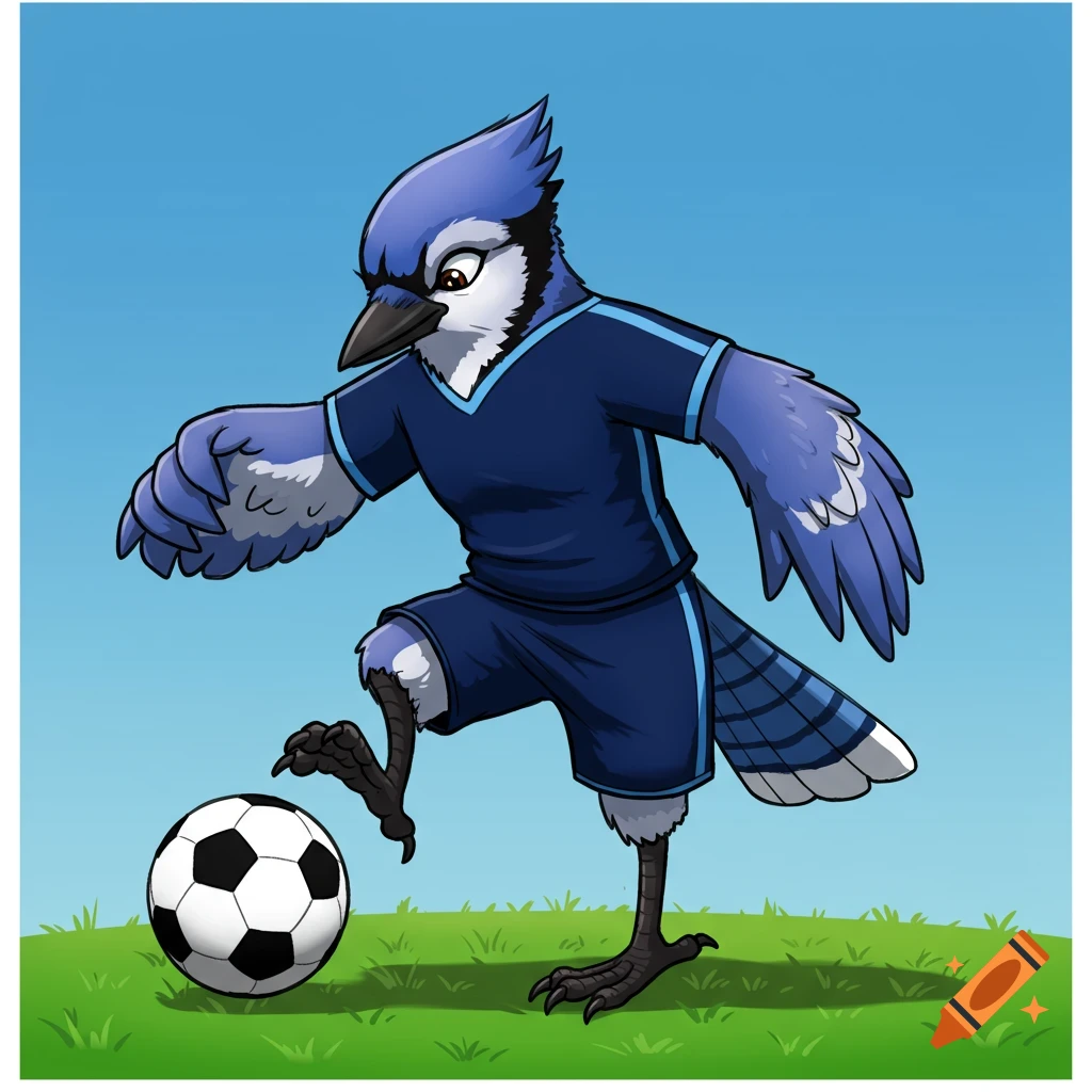Cartoon blue jay in a navy blue jersey and shorts playing soccer on a grassy field under a blue sky.