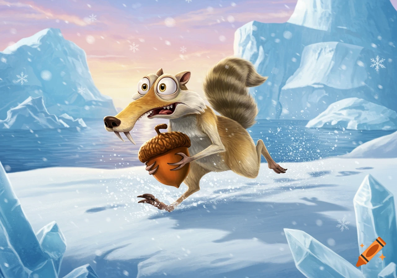 Scrat, a squirrel-like character, runs through a snowy, icy landscape, clutching a large acorn.