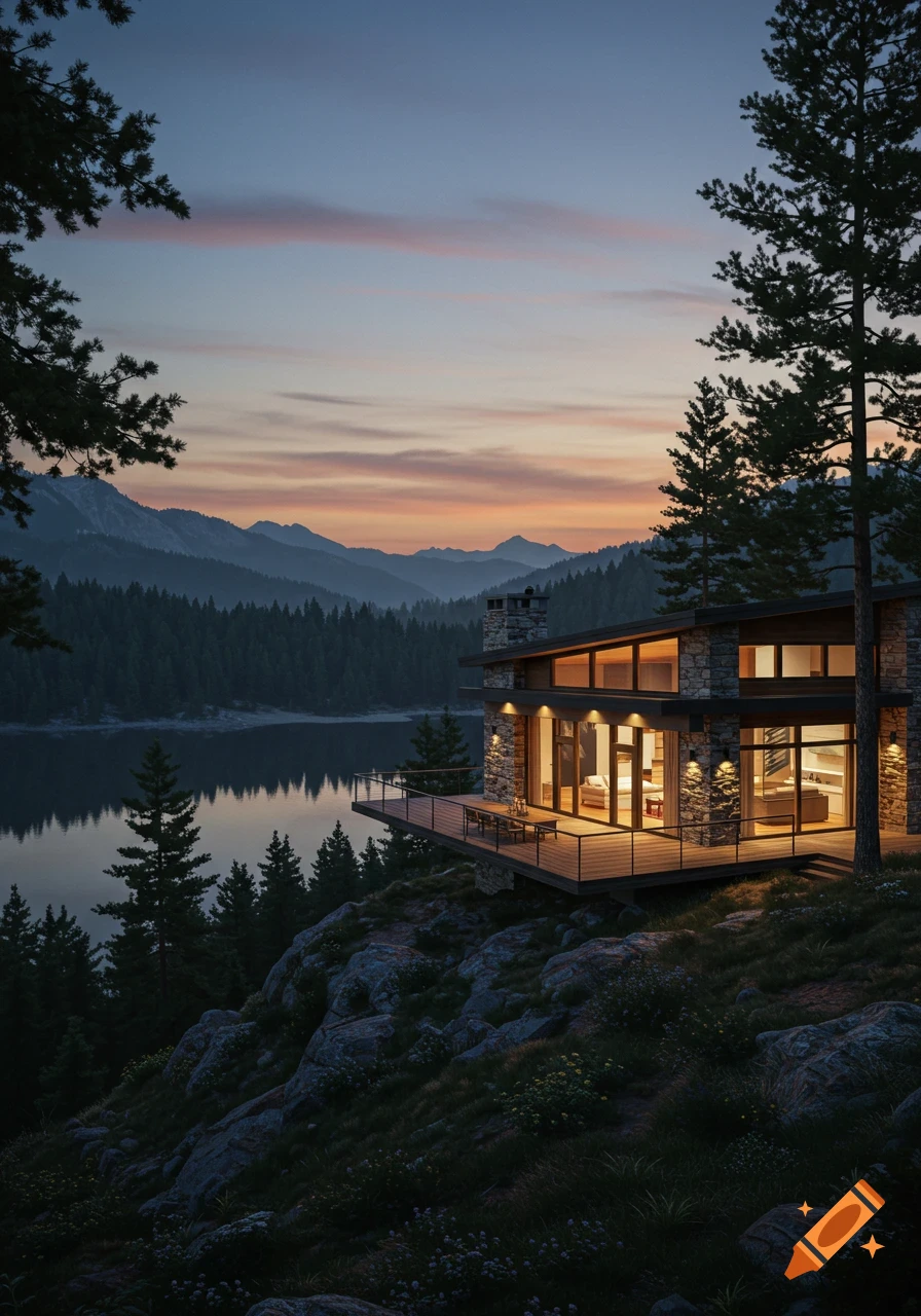 Modern stone and wood house with illuminated interiors and deck overlooking a calm lake, surrounded by pine forests and mountains at sunset.
