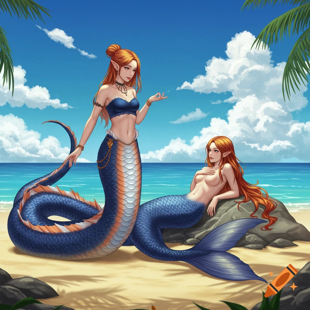 An illustrated fantasy scene of a standing naga with a blue and orange scaled tail and a mermaid with a blue tail, hair covering her chest, sitting on a rock. They converse on a sunny tropical beach.
