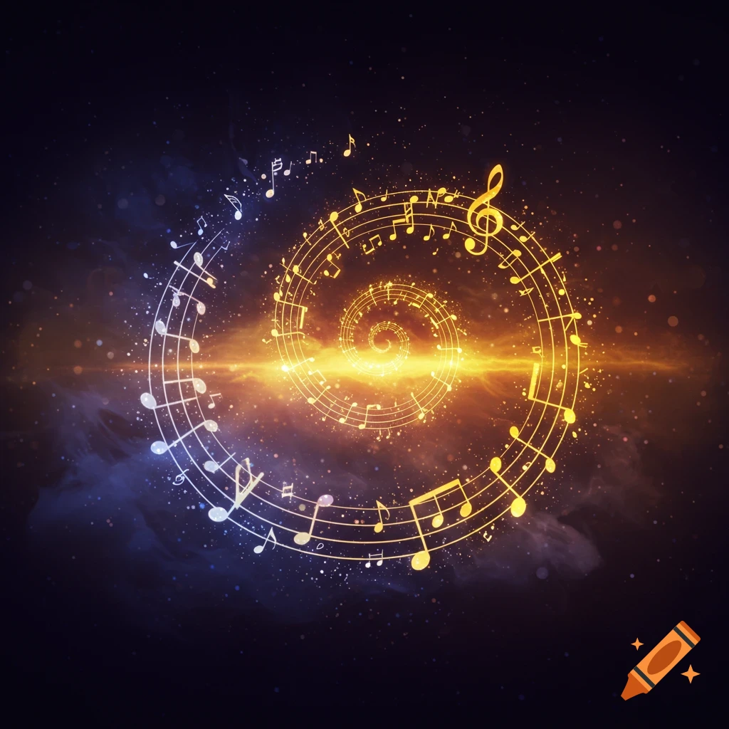 Glowing music notes spiral outwards against a dark cosmic background with blue and orange light.