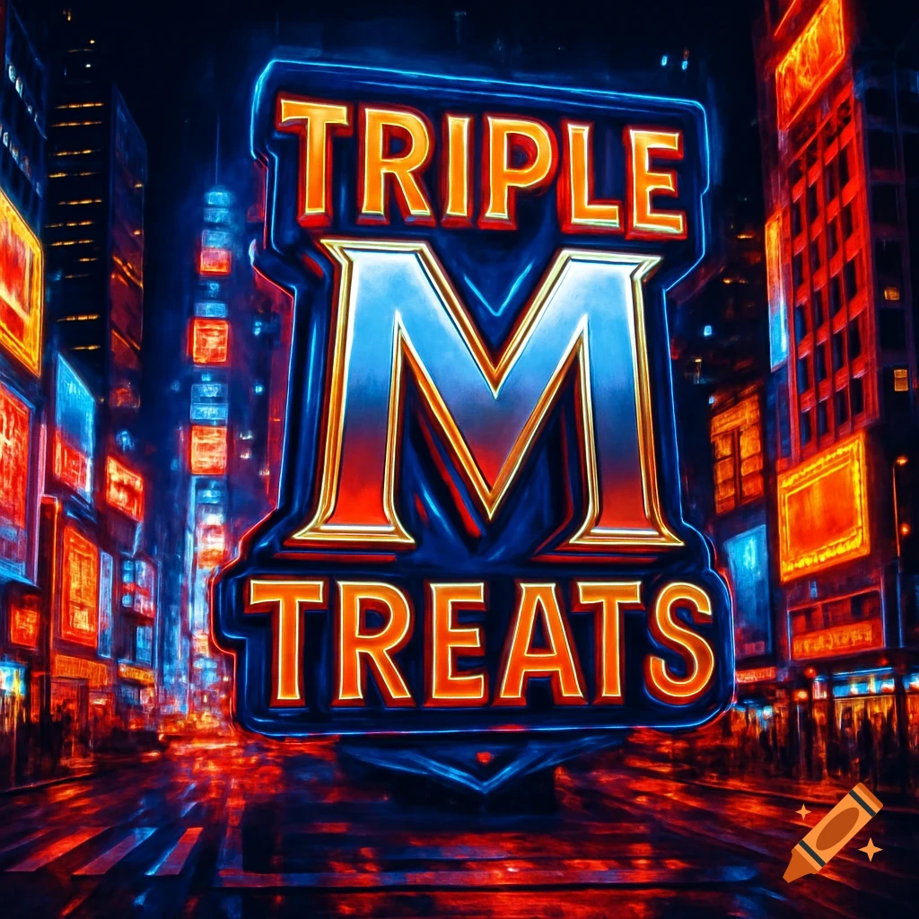 Stylized neon sign for 'TRIPLE M TREATS' glowing brightly in a dark, bustling Times Square cityscape.
