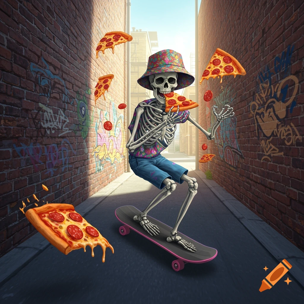 A cartoon skeleton in a colorful bucket hat and shorts rides a skateboard, eating pizza, with slices floating in a graffiti-covered alley.