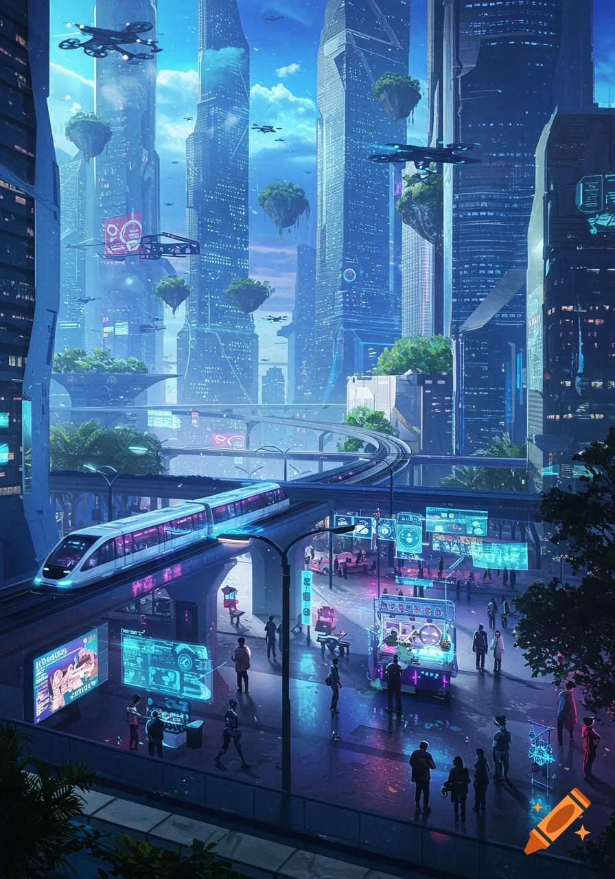 A vibrant futuristic city at dusk, with soaring skyscrapers, a sleek elevated train, flying drones, and holographic displays on the street level.