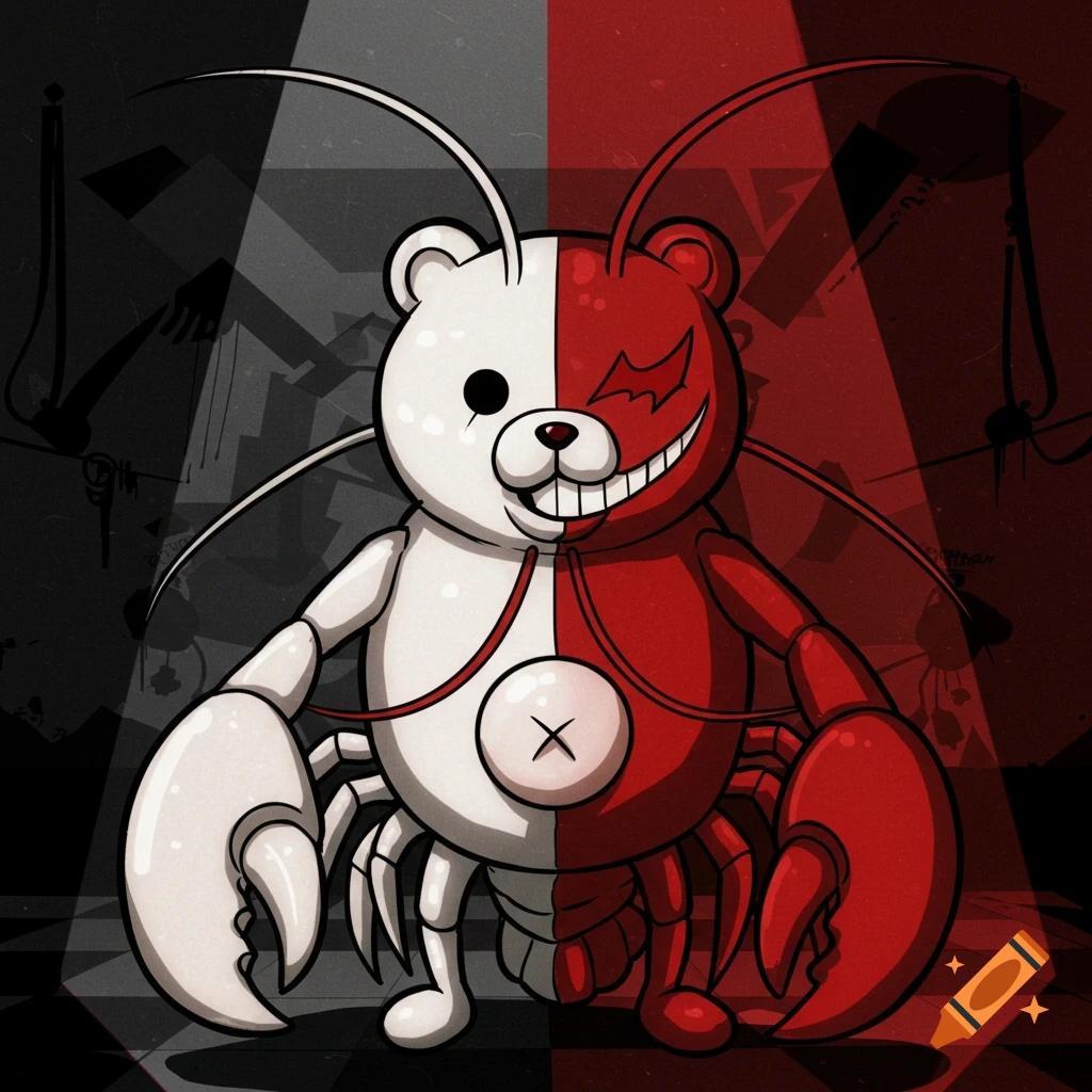 A stylized Monokuma bear with a white left half and red right half, combined with a lobster body, drawn in Danganronpa art style.