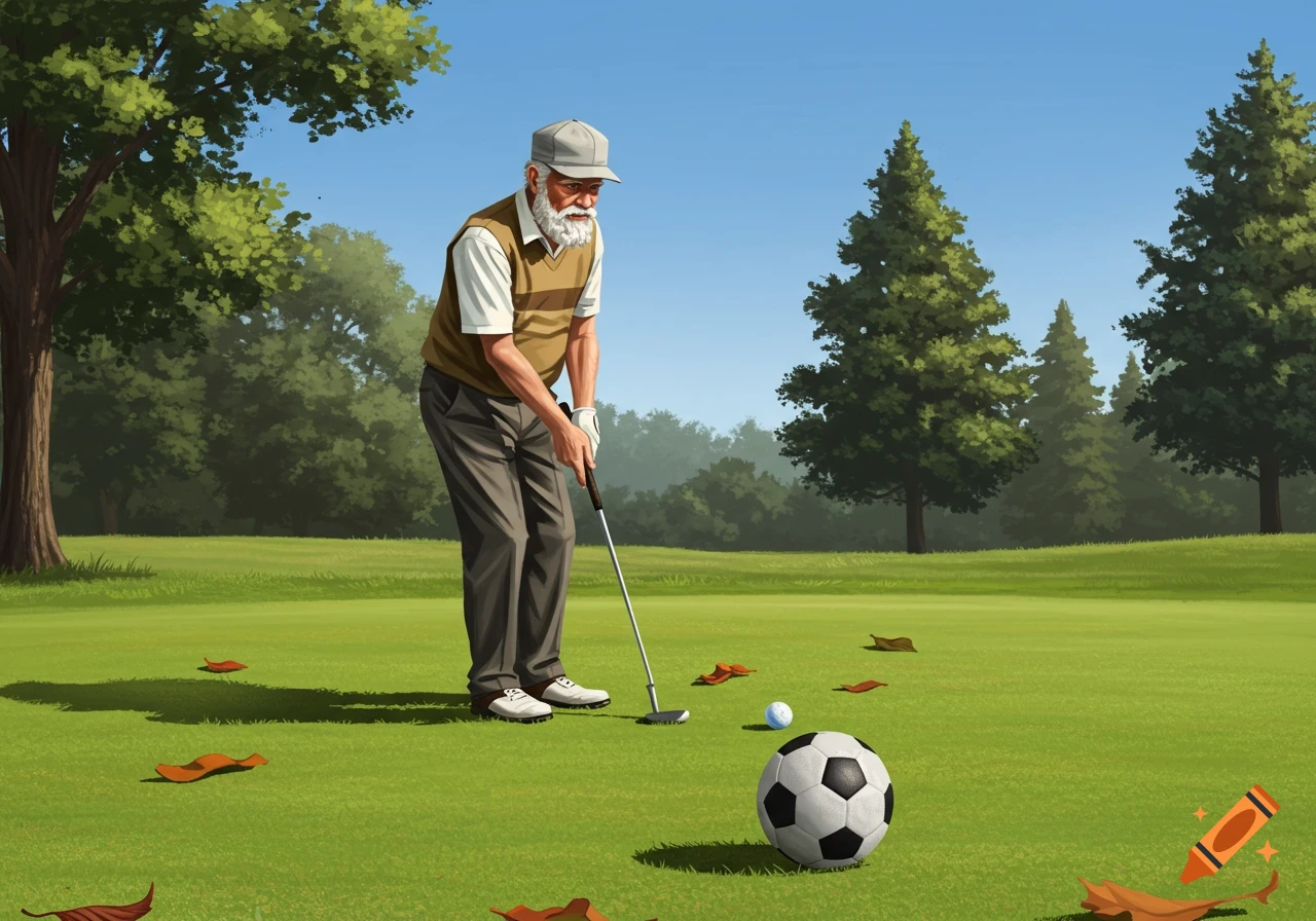 A bearded elderly man putts a golf ball near a soccer ball on a green, surrounded by trees, in an illustrative style.