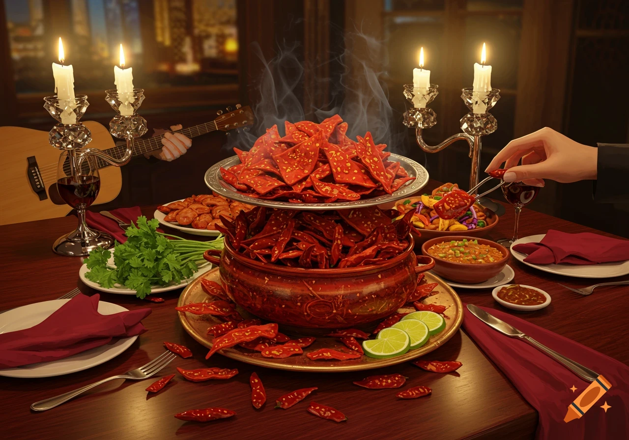 A photorealistic image of a spicy dinner spread on a candlelit dining table, with a hand picking up food and a guitar in the background.