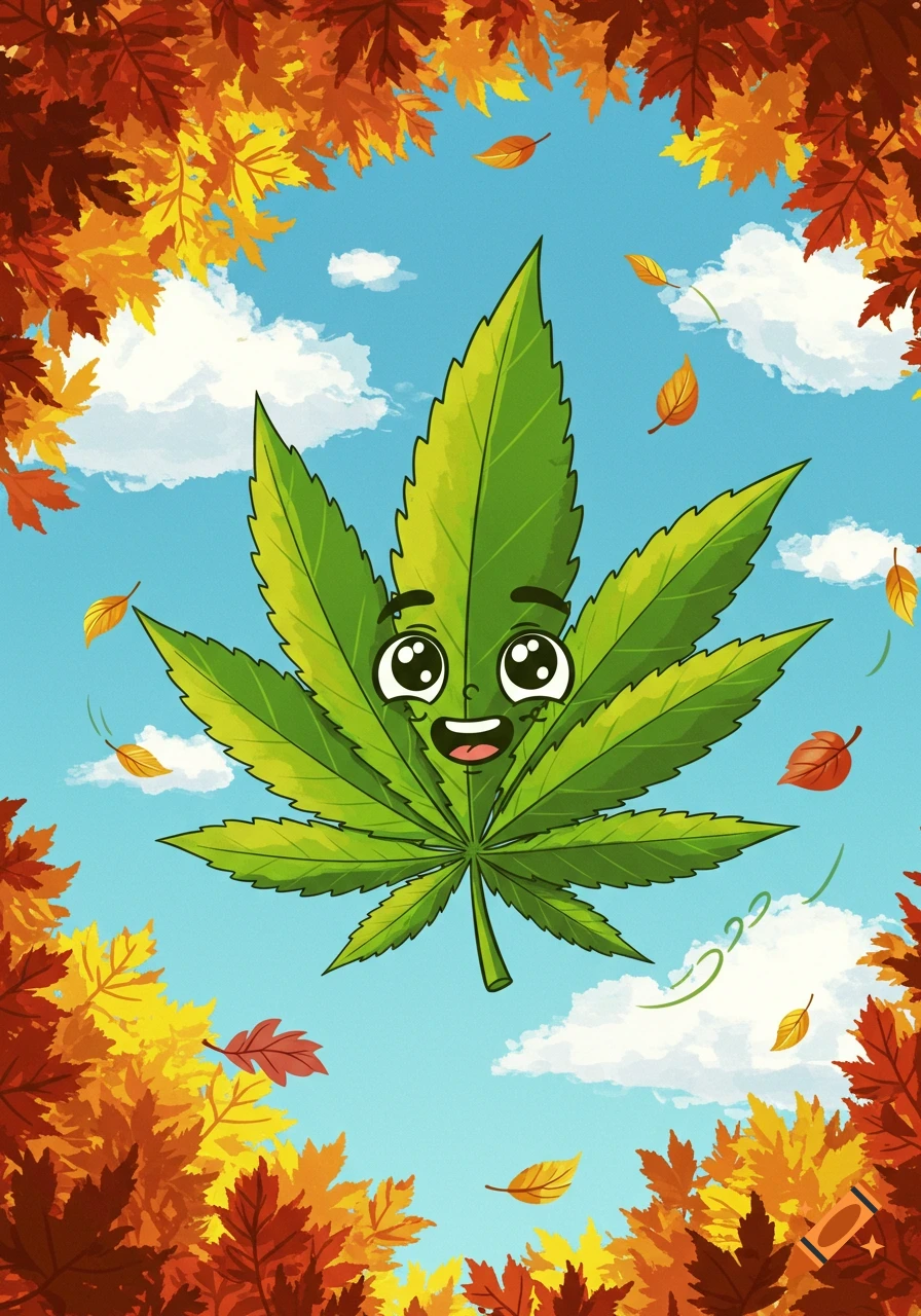 A vibrant green cartoon marijuana leaf with a happy face floats in a blue sky surrounded by colorful autumn leaves.