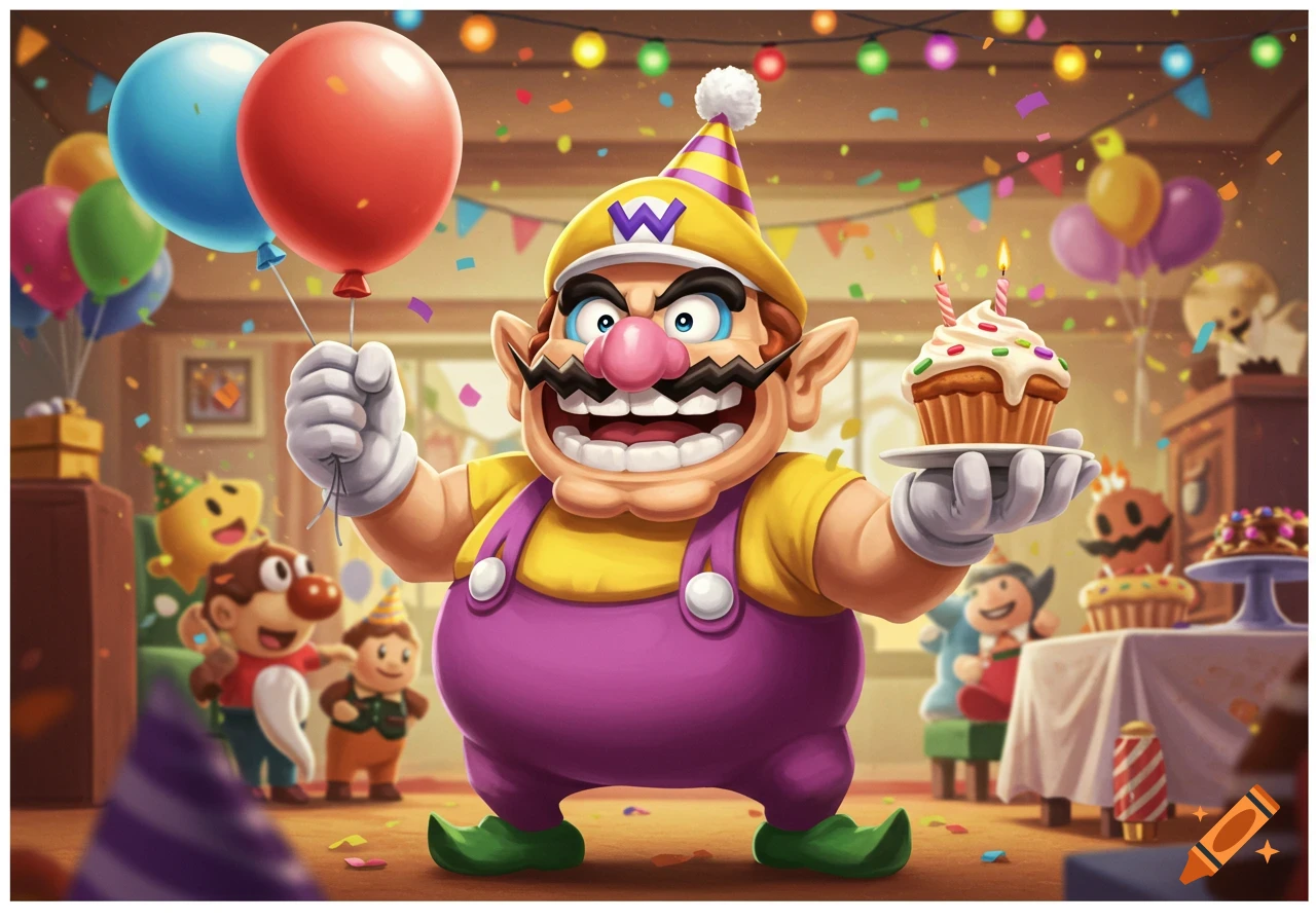 Cartoon Wario grinning at a colorful birthday party, holding balloons and a cupcake.