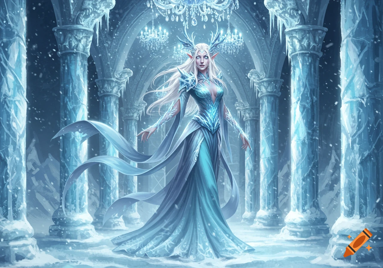 A majestic ice queen with white hair, blue gown, and deer-like antlers stands in a snowy, ice-covered palace hall.