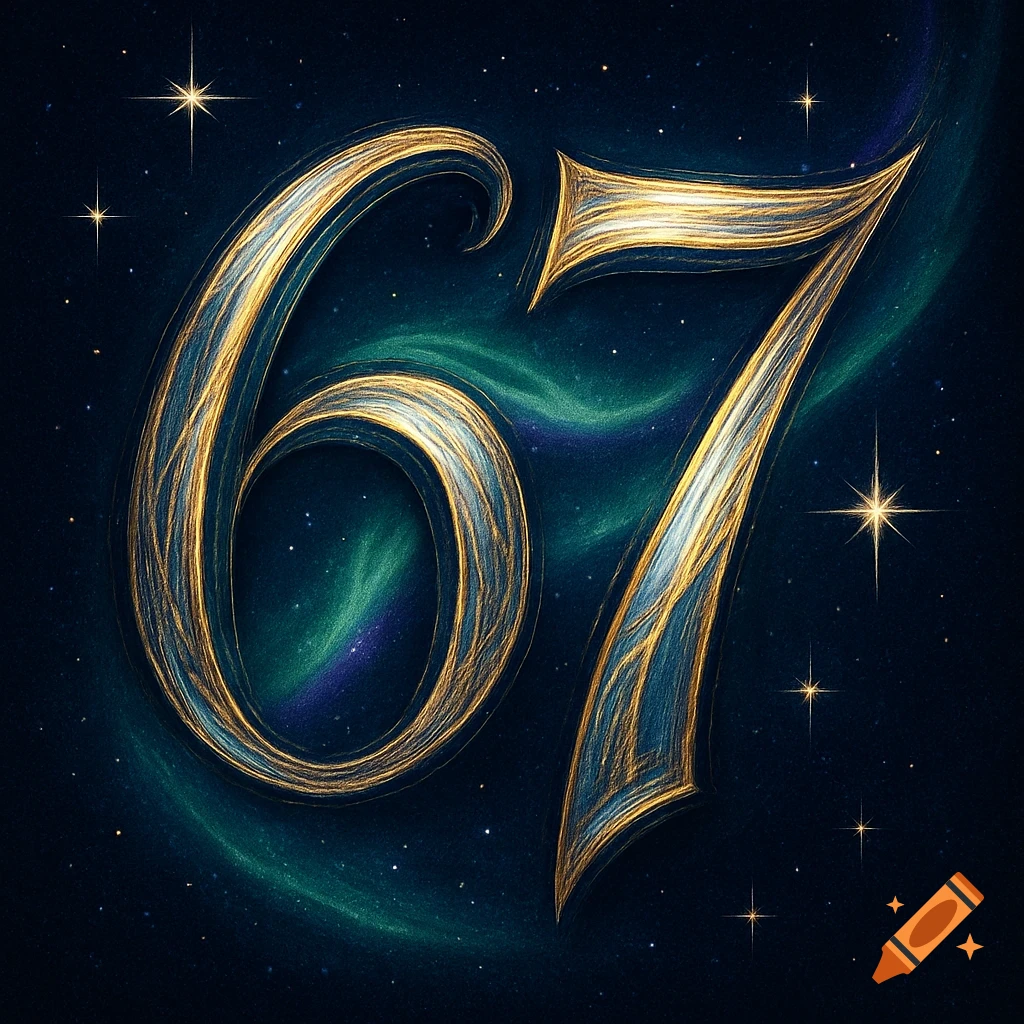 Ornate golden and blue numbers 67 against a dark starry nebula background with twinkling stars.