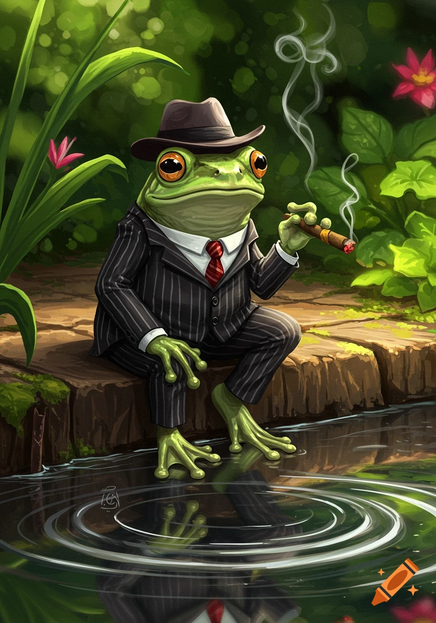 An anthropomorphic frog dressed in a pinstripe suit and fedora sits by a pond, smoking a cigar, in a lush green illustrated scene.