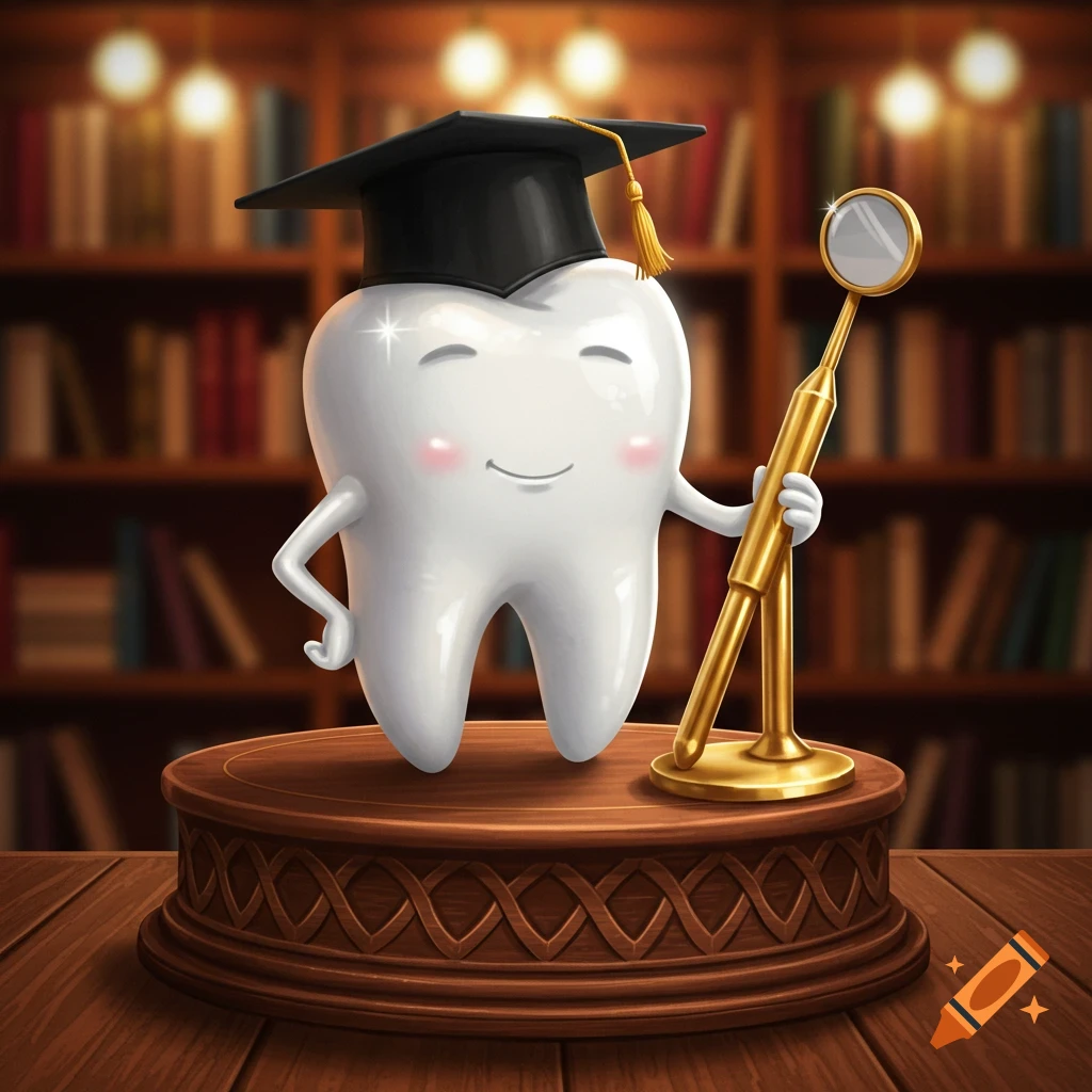 A smiling cartoon tooth wearing a graduation cap holds a golden dental mirror, standing on a wooden pedestal in a library.