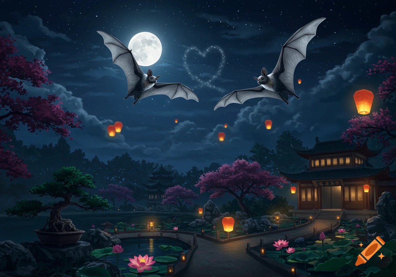 Two bats fly under a full moon, forming a heart in the starry sky, over a traditional Chinese garden with glowing lanterns and lotus flowers.