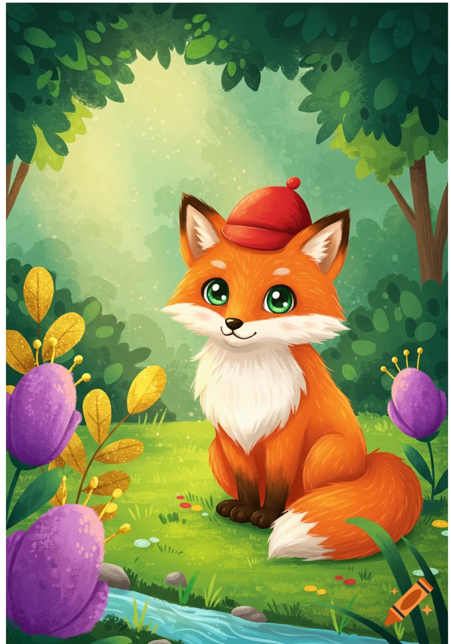 A cute cartoon fox wearing a red hat sits in a lush green forest with purple flowers and a small stream.