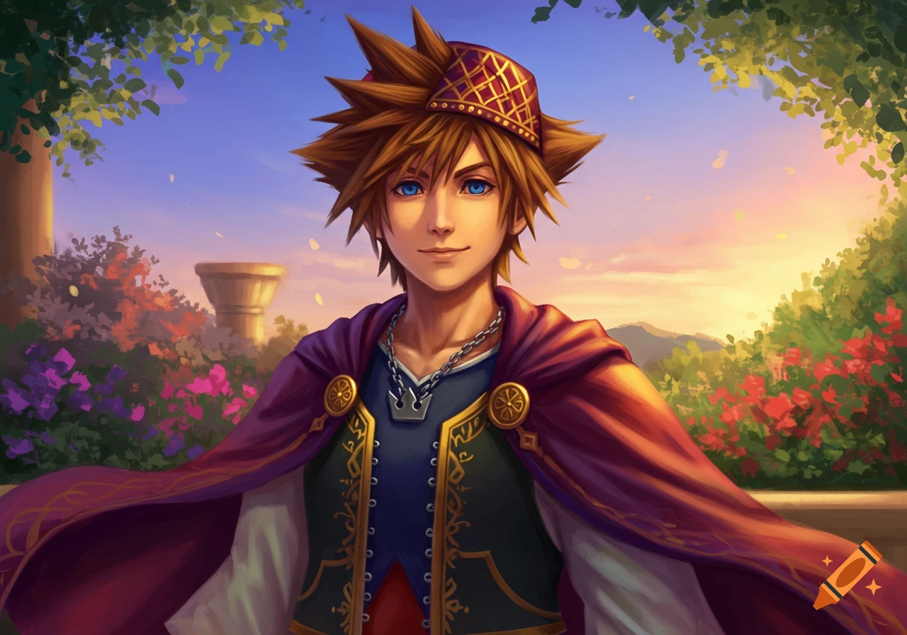 Anime-style Sora from Final Fantasy in a Kufi and cape, smiling in a vibrant garden at sunset.